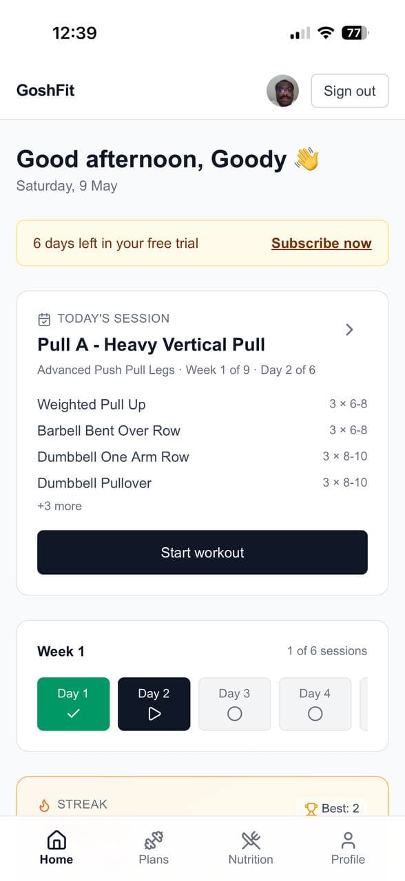 GoshFit dashboard with today's workout and streak