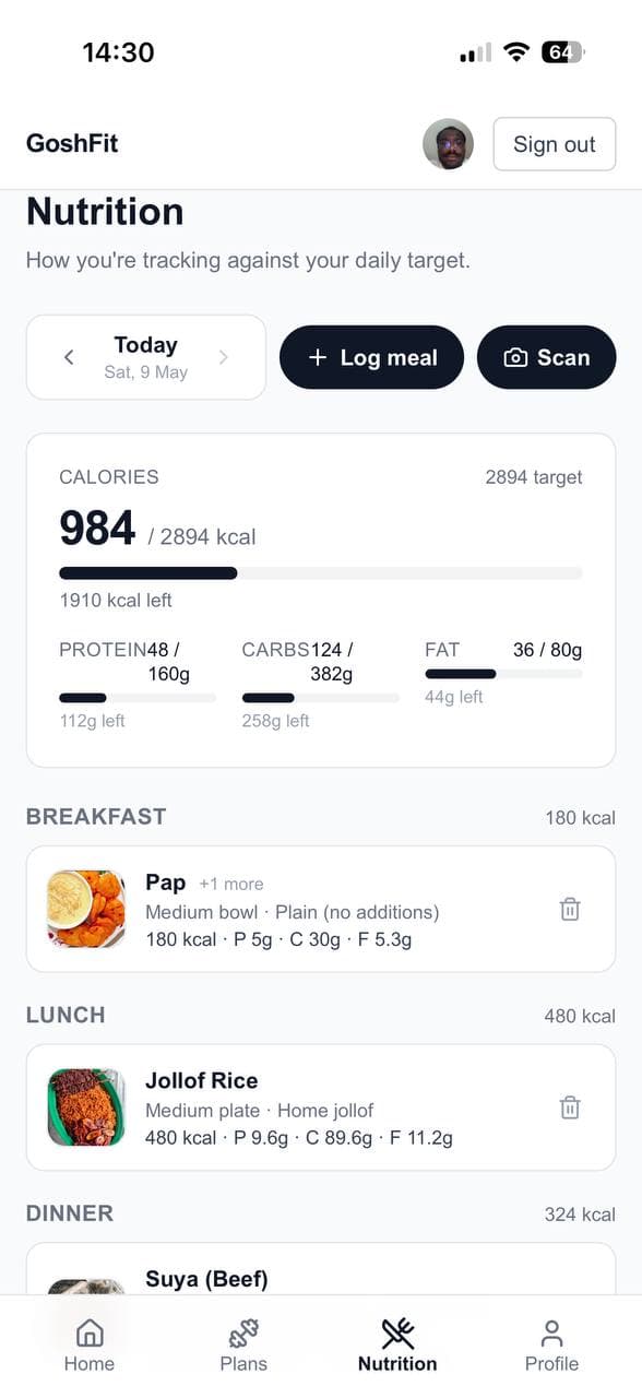 GoshFit nutrition page with logged Nigerian meal
