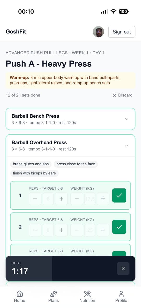 GoshFit workout plan with daily session and exercises