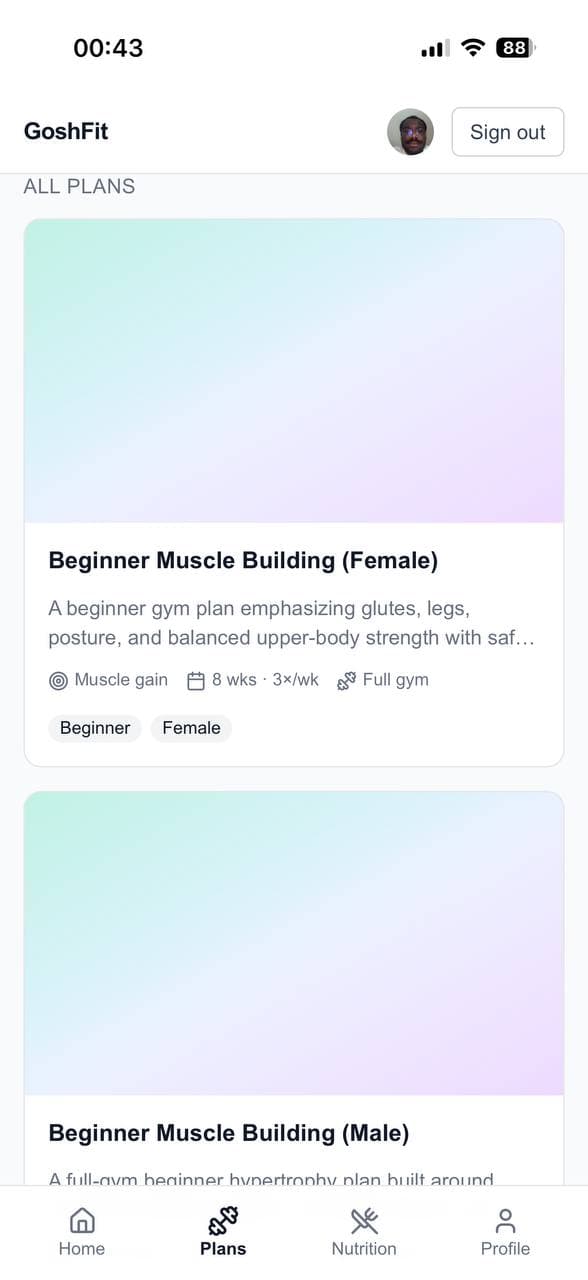 GoshFit plans page with the eight workout programmes