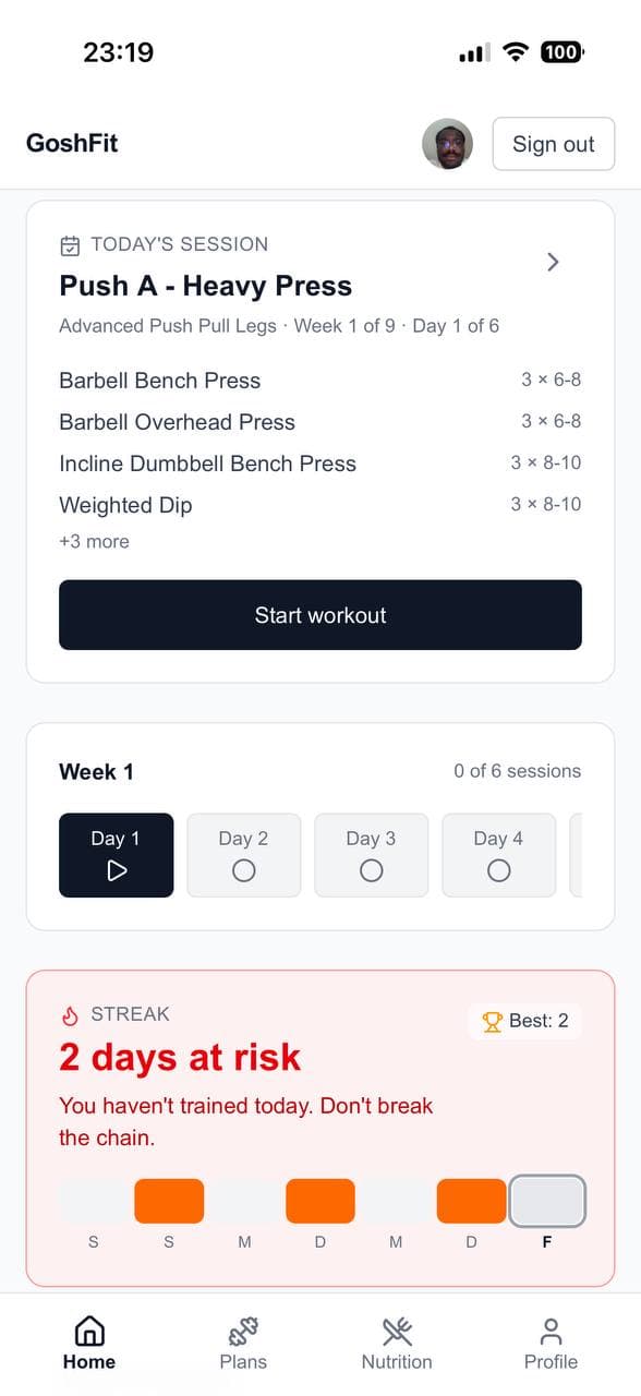 GoshFit dashboard warning that the streak is at risk